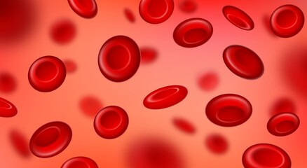 Red blood cells flow, macro view erythrocyte background. Realistic bloodstream circulation closeup. Hematology medicine 3d vector concept - obrazy, fototapety, plakaty