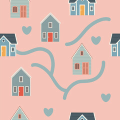 House seamless pattern with road and vector