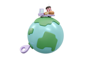 3D Rendering of location service symbol around the world isolate on background concept of worldwide food shipping business. 3D Render illustration cartoon style.