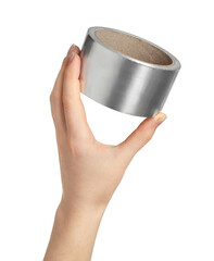 Woman holding silver adhesive tape on white background, closeup