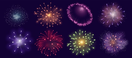 Realistic fireworks burst effect for festive, celebration or party. Firecracker explosion for diwali carnival. Night sky firework vector set - obrazy, fototapety, plakaty