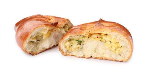 Delicious baked patty with egg on white background