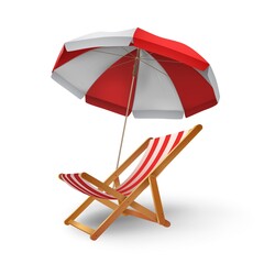 Realistic beach parasol umbrella and chaise longue for vacation. Recliner chair under sunshade awning. 3d summer relaxation vector concept - obrazy, fototapety, plakaty