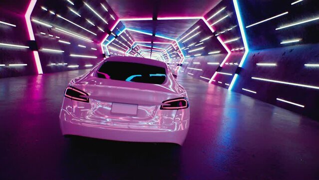 A white car drives fast through a neon tunnel