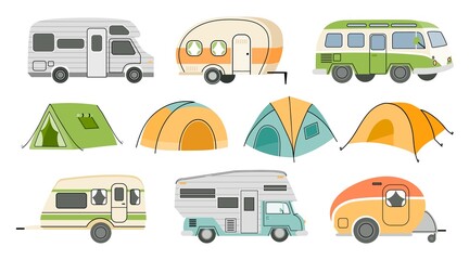 Cartoon camping RV trailers and cars, road motorhomes and tents. Camp caravan vehicle for nature vacation and summer travel van vector set