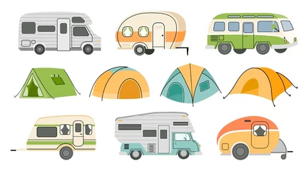 Foto op Plexiglas Cartoon camping RV trailers and cars, road motorhomes and tents. Camp caravan vehicle for nature vacation and summer travel van vector set © Tartila
