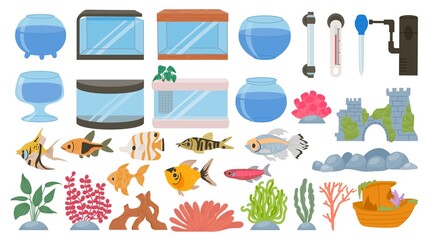 Cartoon aquarium decoration, underwater plants, seaweeds, stones and pet fish. Empty aquariums tank, water fauna, filter and lamp vector set