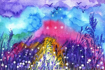watercolor illustration of pink and blue sky with flying birds and flowers and plants in the foreground.