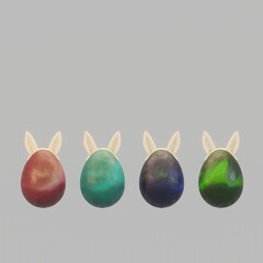 four colorful easter eggs with rabbit ears - 3d render illustration