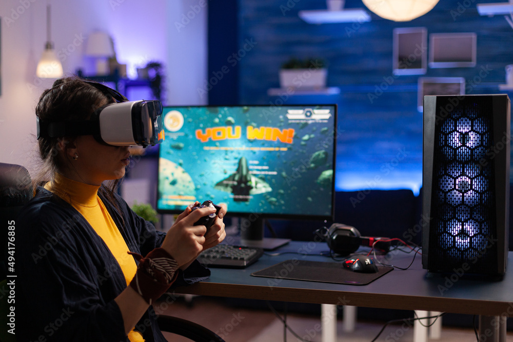 Aufkleber player using vr glasses to win video games on computer. woman playing online games with joystick and