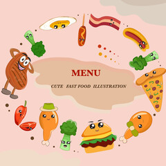 cute junk food cartoon template seamless pattern
