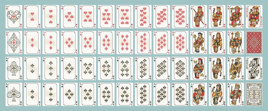 Poker playing cards designs, full deck for casino game. King, queen, jack, ace and joker. Diamonds, hearts, spades and clubs card vector set