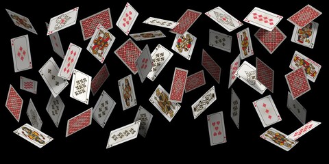 Falling poker playing cards, casino winner background. Realistic 3d flying card deck, joker, king, queen and ace. Blackjack vector concept