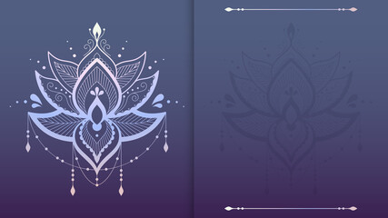 Violet oriental floral background with holographic lotus with place for text