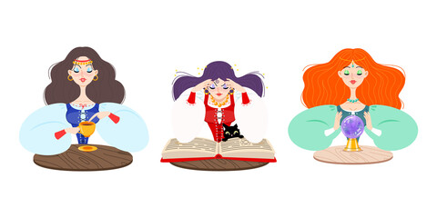 Set of fortune teller female characters. Vector illustration of a beautiful girls telling the future by seeing magic ball, using coffee grounds and magic book isolated on a white background. 