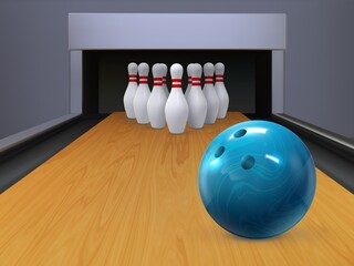 Realistic bowling wood lane with rolling ball and skittle pins. Sport bowl game competition alley. Bowling club playing vector background