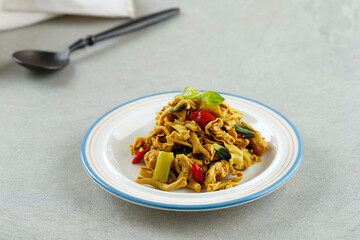 Tumis Usus Ayam or Sauteed Chicken Intestine, Traditional Indonesian Daily Dish, Made from Cut Chicken Intestines