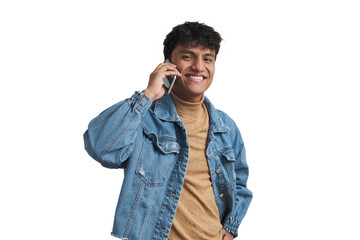 Young peruvian man smiling and speaking on the smartphone. Isolated over white background. - obrazy, fototapety, plakaty