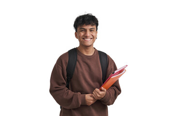 Young peruvian student smiling and looking at camera. Isolated over white background.