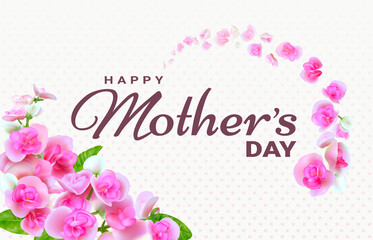 Fototapeta na wymiar Happy Mother's Day. Greeting card with beautiful blooming flowers on light pink dots background. Template for International Mother's Day.