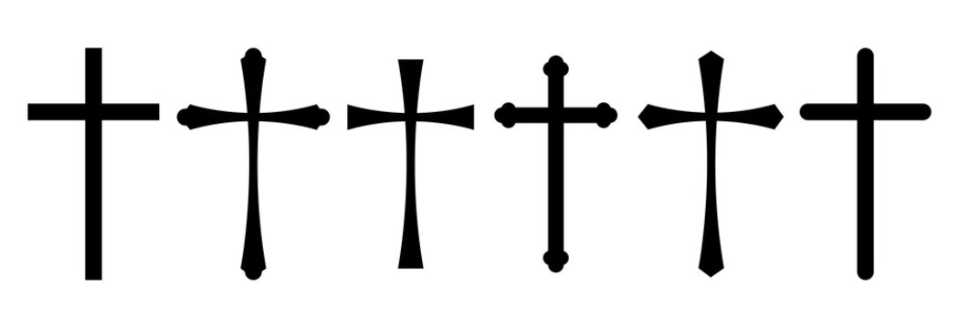 Cross symbol set.Vector christian cross icon.Religion sign.Simple line catholic sign.