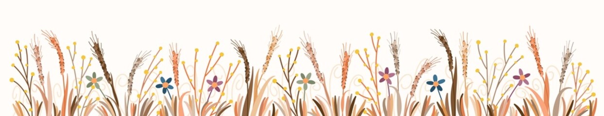 Wheat field. Large banner with different ears of corn, branches and flowers. Farmer's cereal field. Design elements for decoration. Vector