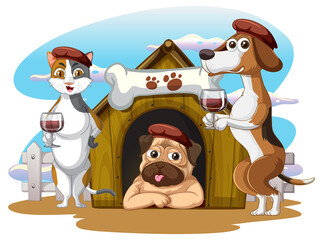 A group of cartoon domestic dog and cat