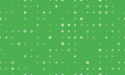 Seamless background pattern of evenly spaced white coral symbols of different sizes and opacity. Vector illustration on green background with stars