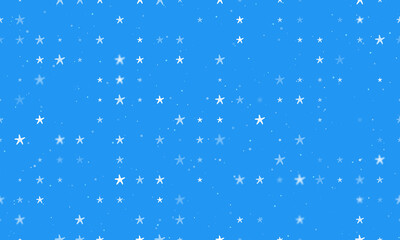Seamless background pattern of evenly spaced white starfish symbols of different sizes and opacity. Vector illustration on blue background with stars
