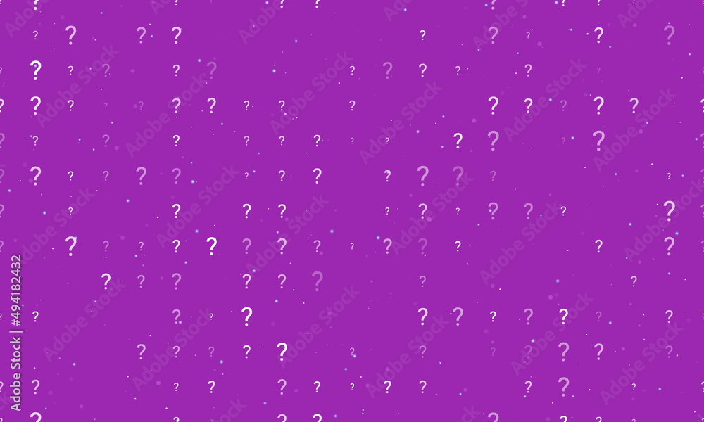 Poster seamless background pattern of evenly spaced white question symbols of different sizes and opacity. 