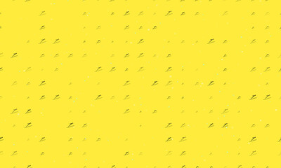 Seamless background pattern of evenly spaced black Ski jumping symbols of different sizes and opacity. Vector illustration on yellow background with stars