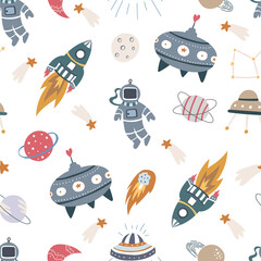 Seamless pattern made with cosmo and space elements. Hand drawn colorful doodles.