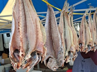 Dried Brown Croaker fishes at the Korean moving street market