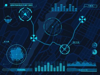 Hud navigation map cyber design with aims, diagrams and charts. Futuristic UI for city streets roadmap gps orientation app vector template