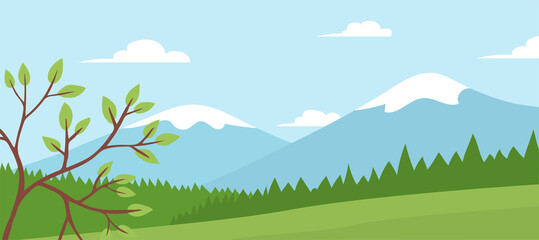 Summer landscape of nature. Panorama with green forests, fields, mountains and blue sky with clouds. Rural scener. Flat vector illustration