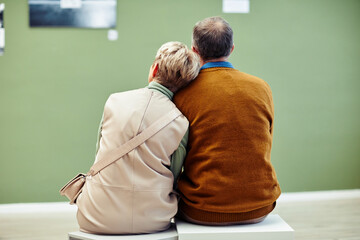 Rear view of unrecognizable mature man and woman in love sitting on stools in modern art gallery...