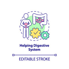 Helping digestive system concept icon. Improve digestion. Healthy diet advantages abstract idea thin line illustration. Isolated outline drawing. Editable stroke. Arial, Myriad Pro-Bold fonts used