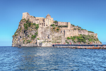 Naples, Ischia, Italy - July  05 2021: the Aragonese castle, an imposing fortress on the island of...