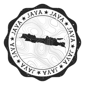 Java outdoor stamp. Round sticker with a map of the island featuring topographic isolines. Vector illustration. Can be used as an insignia, logotype, label, sticker, or badge representing Java.