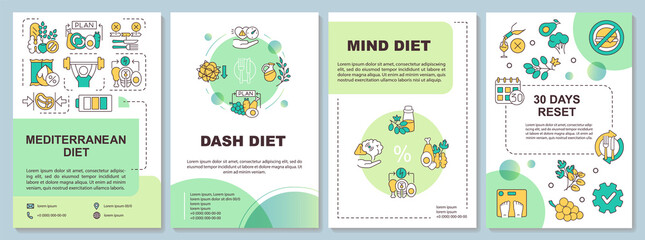 Popular and trendy diets green brochure template. Healthy nutrition. Leaflet design with linear icons. 4 vector layouts for presentation, annual reports. Arial-Bold, Myriad Pro-Regular fonts used