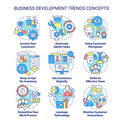 Business development trends concept icons set. Innovations and perspectives idea thin line color illustrations. Isolated symbols. Editable stroke. Roboto-Medium, Myriad Pro-Bold fonts used