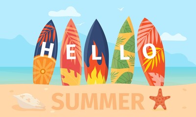 Cartoon hello summer poster with surfboard on sea beach. Tropical island landscape with swimming board on sand. Surf vacation vector concept