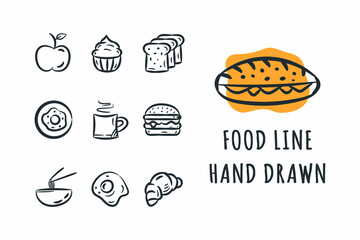Food doodles icon set hand drawn line cartoon collection for restaurants, cafe, menu, textile print, web, graphic design illustration