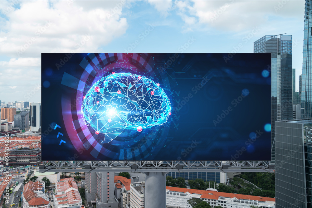 Poster brain hologram on billboard with singapore cityscape background at day time. street advertising post