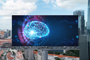 Brain hologram on billboard with Singapore cityscape background at day time. Street advertising...