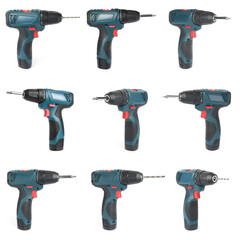 Set of modern electric drills on white background