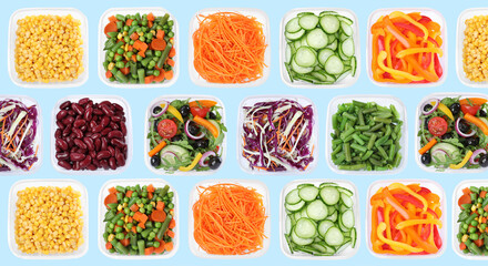 Set of plastic food containers with different fresh vegetables and salads on light blue background, flat lay. Banner design