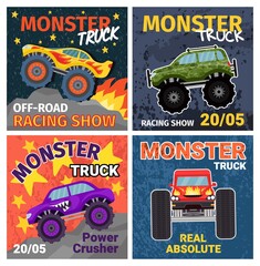 Cartoon monster trucks t shirt print designs and posters. Grunge cool extreme offroad race cars. Racing show heavy truck banners vector set © Tartila