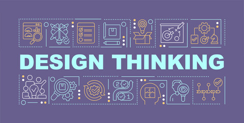 Design thinking for business word concepts purple banner. Creating products. Infographics with icons on color background. Isolated typography. Vector illustration with text. Arial-Black font used