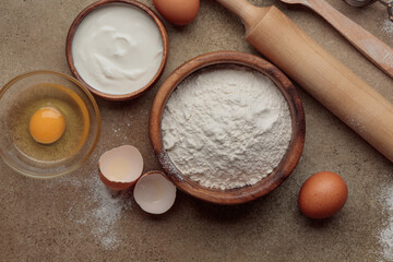 Flour and eggs, baking ingredients for baking